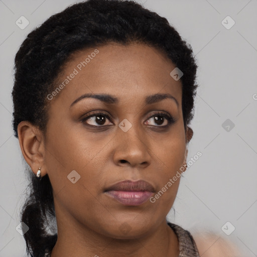 Neutral black young-adult female with short  brown hair and brown eyes