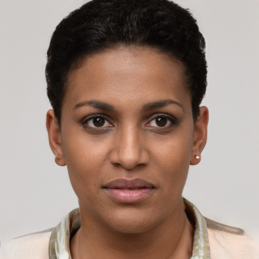 Joyful black young-adult female with short  brown hair and brown eyes