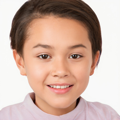 Joyful white child female with short  brown hair and brown eyes