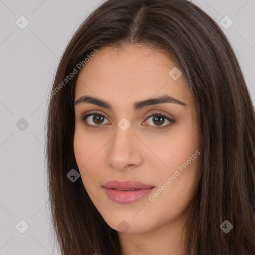 Neutral white young-adult female with long  brown hair and brown eyes