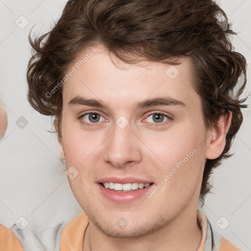 Joyful white young-adult male with medium  brown hair and brown eyes