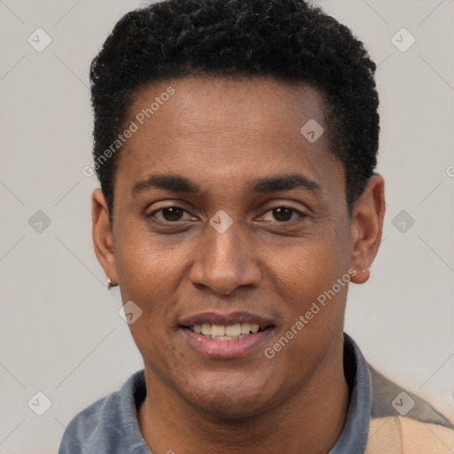 Joyful black young-adult male with short  black hair and brown eyes