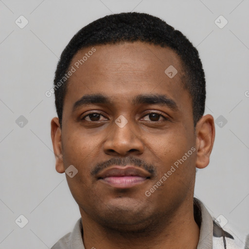 Neutral black young-adult male with short  black hair and brown eyes