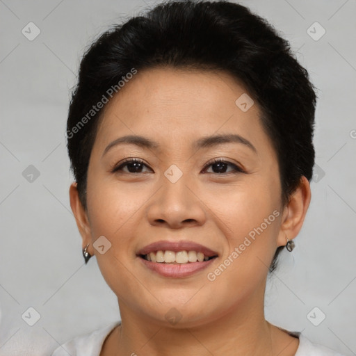 Joyful asian young-adult female with short  brown hair and brown eyes