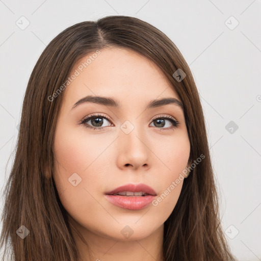 Neutral white young-adult female with long  brown hair and brown eyes