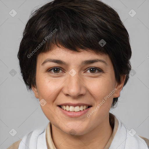 Joyful white young-adult female with medium  brown hair and brown eyes