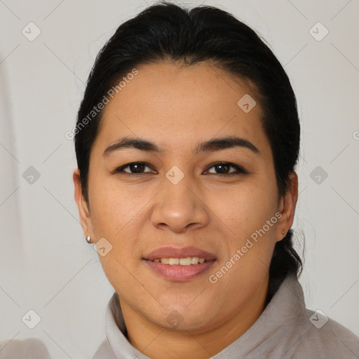 Joyful asian young-adult female with short  brown hair and brown eyes