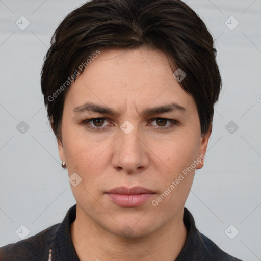 Joyful white young-adult female with short  brown hair and brown eyes