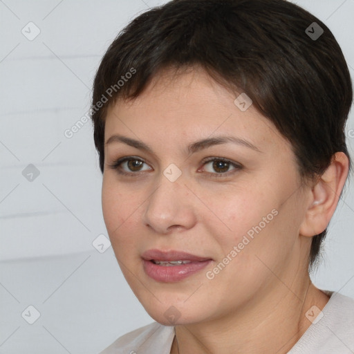 Joyful white young-adult female with short  brown hair and brown eyes