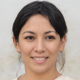 Joyful asian young-adult female with medium  brown hair and brown eyes