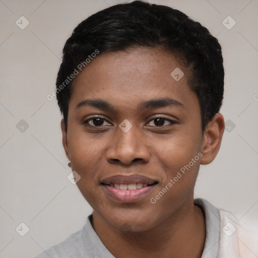 Joyful black young-adult female with short  black hair and brown eyes