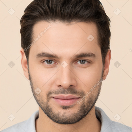 Neutral white young-adult male with short  brown hair and brown eyes