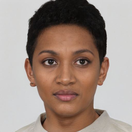 Neutral black young-adult female with short  black hair and brown eyes