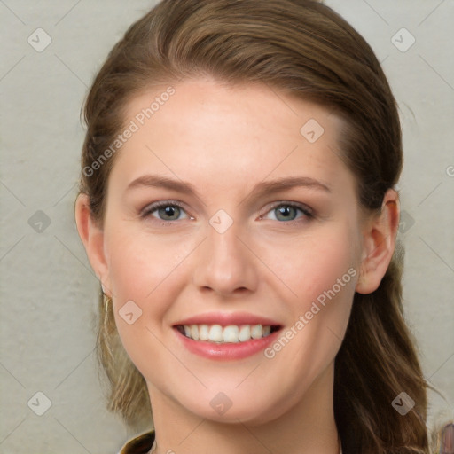 Joyful white young-adult female with long  brown hair and grey eyes