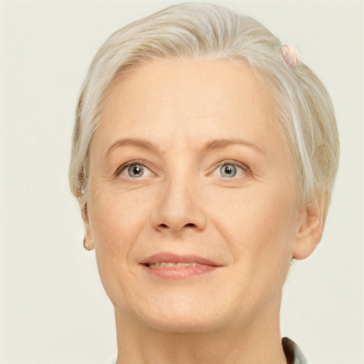 Joyful white adult female with short  blond hair and grey eyes