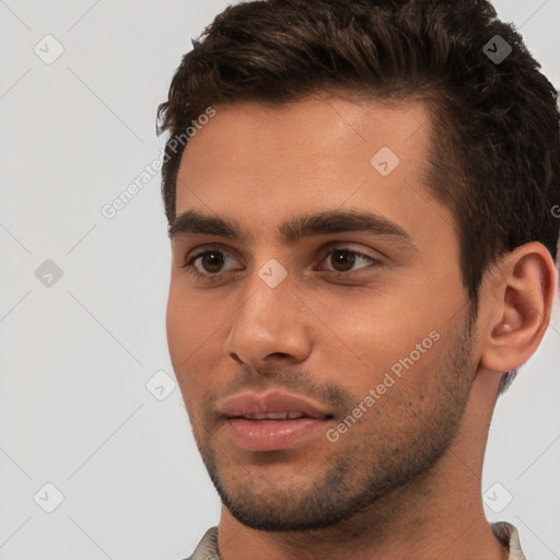 Neutral white young-adult male with short  brown hair and brown eyes