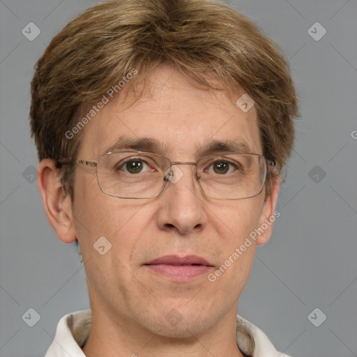 Joyful white middle-aged male with short  brown hair and brown eyes