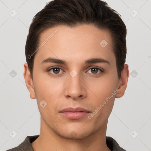 Neutral white young-adult male with short  brown hair and brown eyes