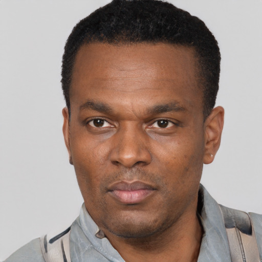 Neutral black adult male with short  black hair and brown eyes