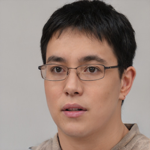 Neutral asian young-adult male with short  brown hair and brown eyes