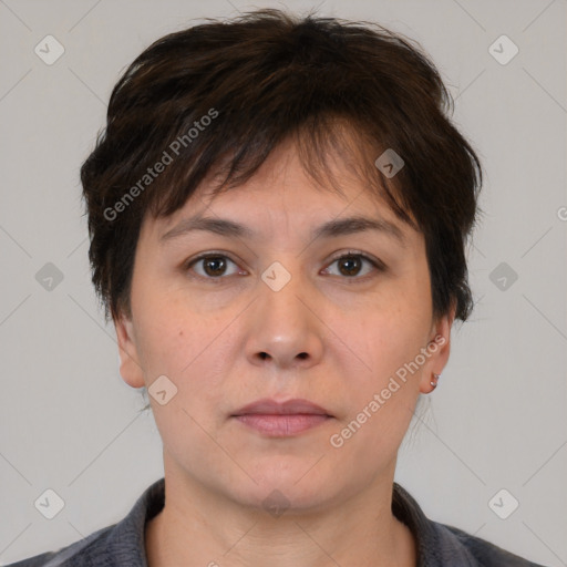 Neutral white young-adult female with short  brown hair and brown eyes