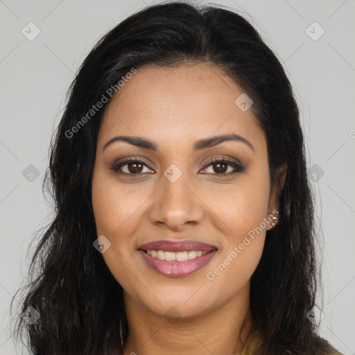 Joyful latino young-adult female with long  brown hair and brown eyes