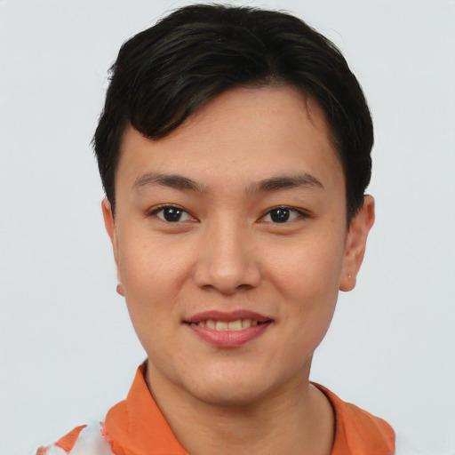 Joyful asian young-adult female with short  black hair and brown eyes