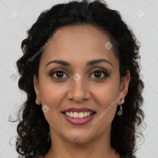 Joyful latino young-adult female with long  brown hair and brown eyes