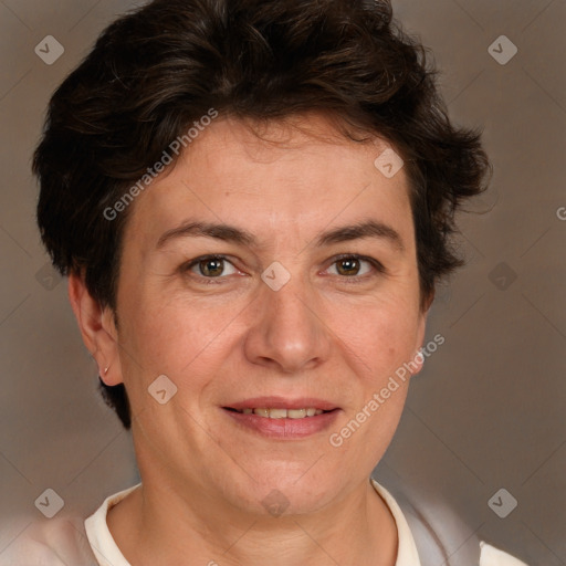 Joyful white adult female with short  brown hair and brown eyes