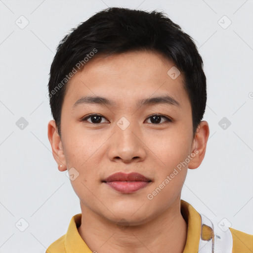Joyful asian young-adult male with short  black hair and brown eyes