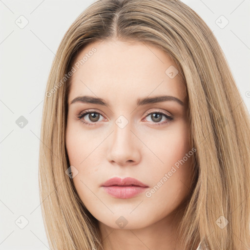 Neutral white young-adult female with long  brown hair and brown eyes