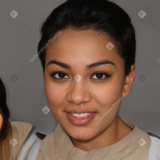 Joyful latino young-adult female with short  brown hair and brown eyes