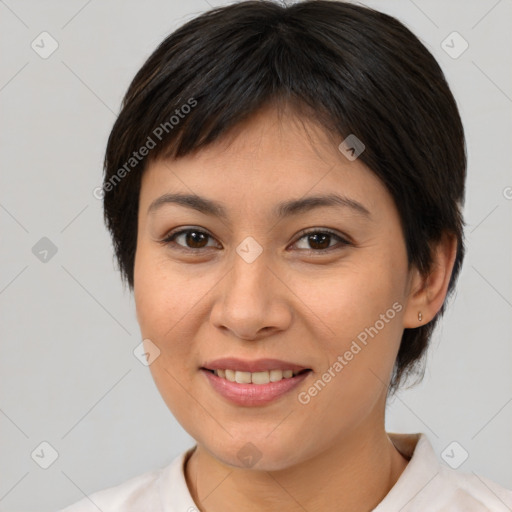 Joyful white young-adult female with medium  brown hair and brown eyes