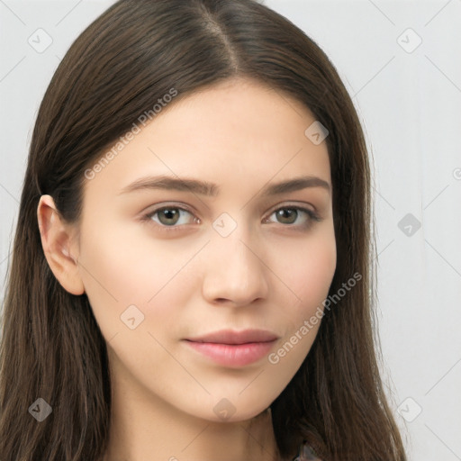 Neutral white young-adult female with long  brown hair and brown eyes