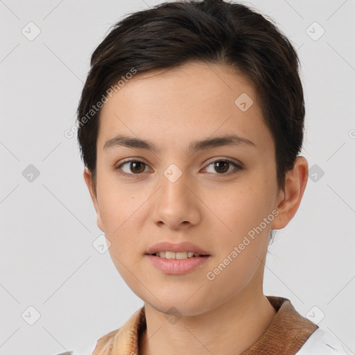 Neutral white young-adult female with short  brown hair and brown eyes