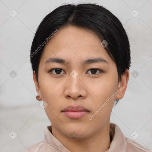 Neutral asian young-adult female with short  black hair and brown eyes