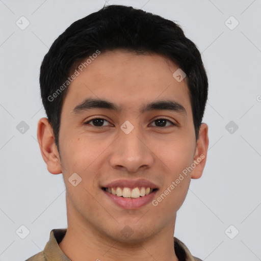 Joyful white young-adult male with short  black hair and brown eyes