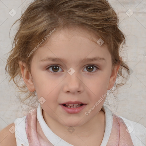 Joyful white child female with medium  brown hair and brown eyes