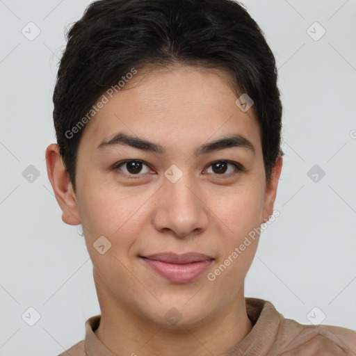 Joyful white young-adult female with short  brown hair and brown eyes