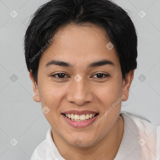 Joyful asian young-adult female with short  brown hair and brown eyes