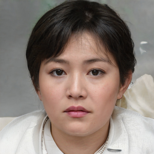Neutral white young-adult female with medium  brown hair and brown eyes