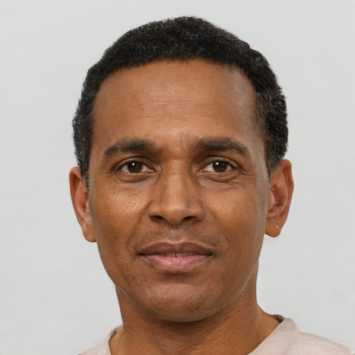 Neutral black adult male with short  black hair and brown eyes