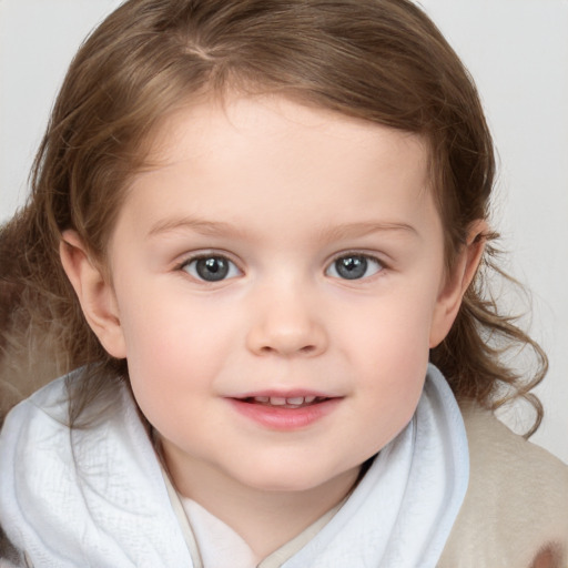 Joyful white child female with medium  brown hair and blue eyes