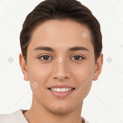 Joyful white young-adult female with short  brown hair and brown eyes