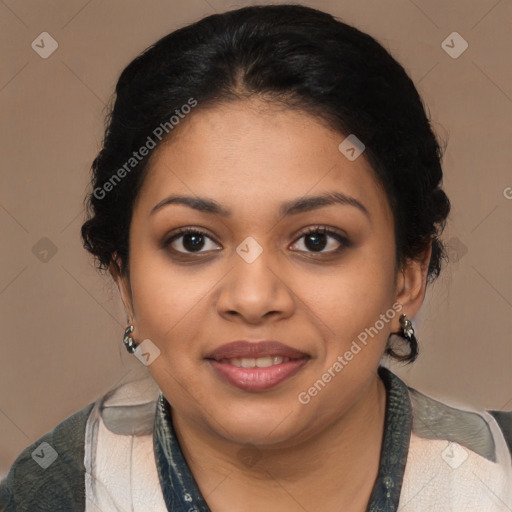 Joyful latino young-adult female with medium  black hair and brown eyes