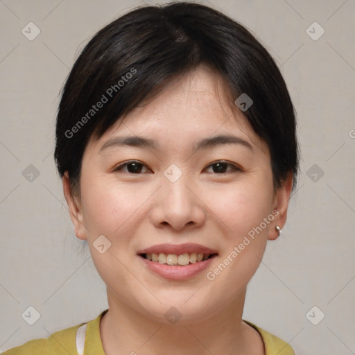 Joyful asian young-adult female with short  brown hair and brown eyes