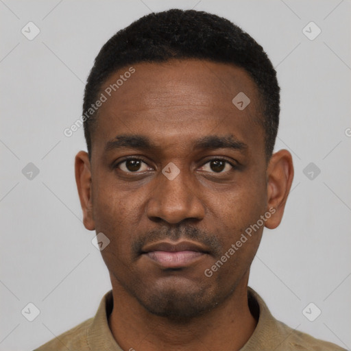 Neutral black young-adult male with short  black hair and brown eyes
