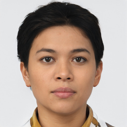 Neutral asian young-adult female with short  brown hair and brown eyes