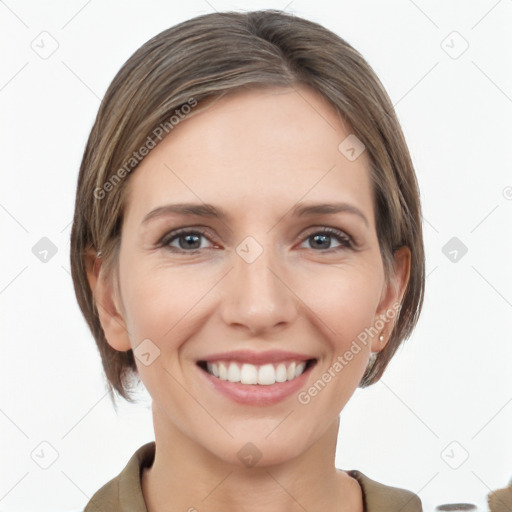 Joyful white young-adult female with medium  brown hair and grey eyes