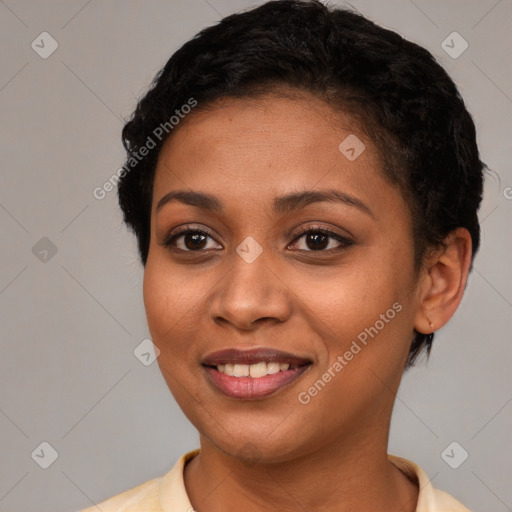 Joyful latino young-adult female with short  brown hair and brown eyes